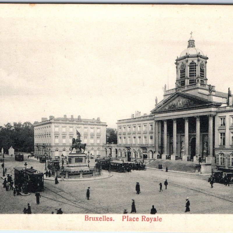 c1910s Brussels, Belgium Place Royale PC Godfrey Statue Trams Railway Cars A354