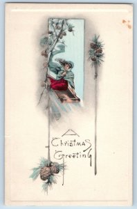 Christmas Postcard Greetings Pretty Woman Sledding Pinecone Corvallis OR 1911