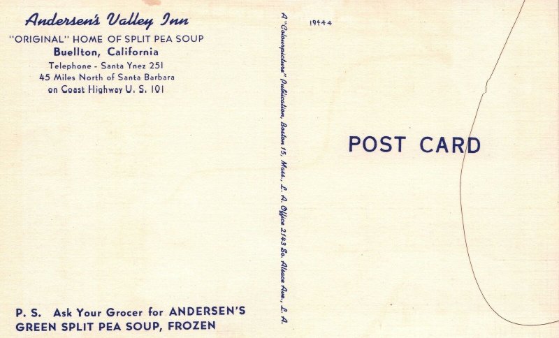 VINTAGE POSTCARD ANDERSEN'S RESTAURANTS ORIGINAL HOME OF SPLIT PEA SOUP LINEN