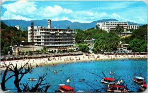 Caleta Beach Acapulco Gro Mexico Boats Swimming Postcard Cancel PM WOB Note VTG 