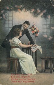 Romantic couple love idyll elegance dress moustache flower vase poem