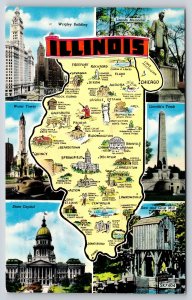 Illinois State Map~Multi-Views~Identified~Capital Springfield~Vintage Postcard