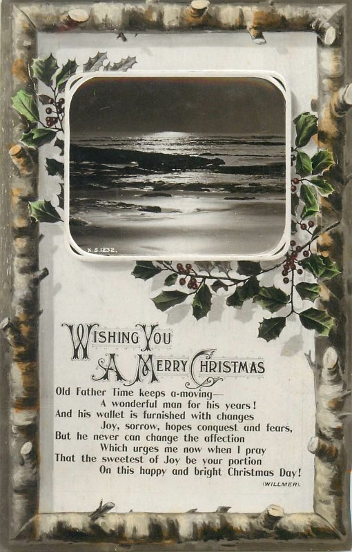 Novelty CHRISTMAS greetings postcard wishes flower sea Tuck leaf winter