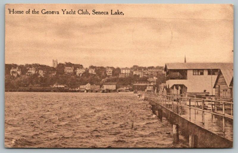 Seneca Lake New York~Geneva Yacht Club~Long Pier~Shoreline Buildings~1911 Sepia 