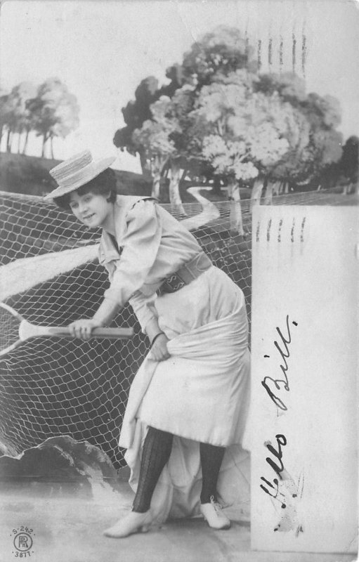 RPPC WOMAN PLAYING TENNIS NEW JERSEY STUDIO REAL PHOTO POSTCARD 1906