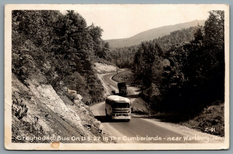 Postcard RPPC c1940s Wartburg TN Greyhound Bus On U.S. 27 The Cumberlands Truck