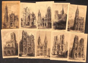 Set of 10 vintage pictorial cards cathedrals of France