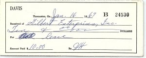 1967 THOMASTON GA DAVIS RECEIPT FOR LEASE GILBERT ENTERPRISES INC Z915