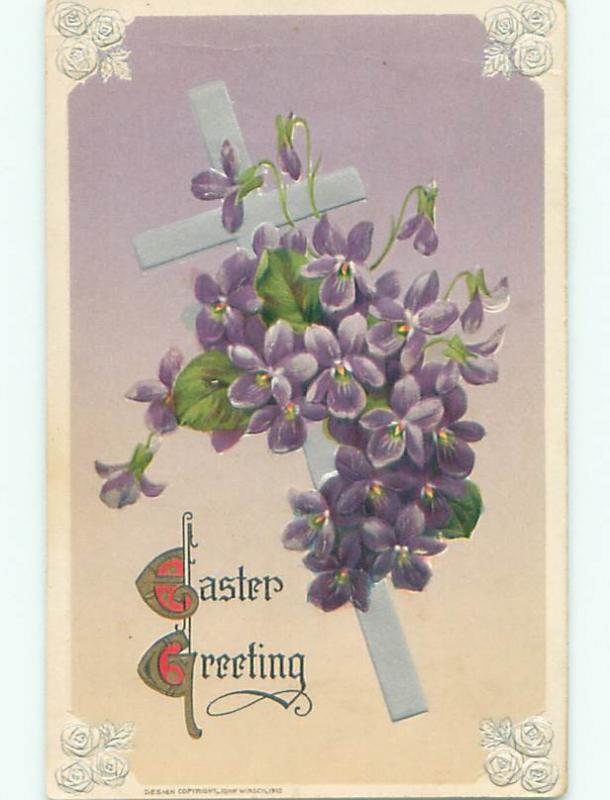 Pre-Linen easter religious JOHN WINSCH - JESUS CROSS WITH PURPLE FLOWERS J2212