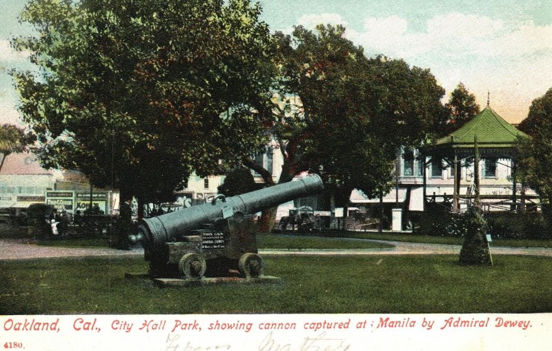 Vintage Postcard 1908 City Hall Park Cannon At Manila Admiral Dewey