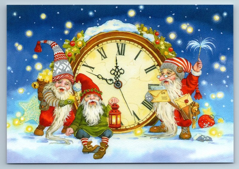 FUNNY GNOMES Dwarfs near Big Clock Christmas Eve by Chistotina New Postcard