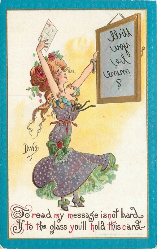 Postcard C-1910 Dwig Mirror puzzle fashion woman comic humor TP24-3357
