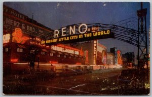 Reno Nevada 1950s Postcard Biggest Little City In The World Arch At Night