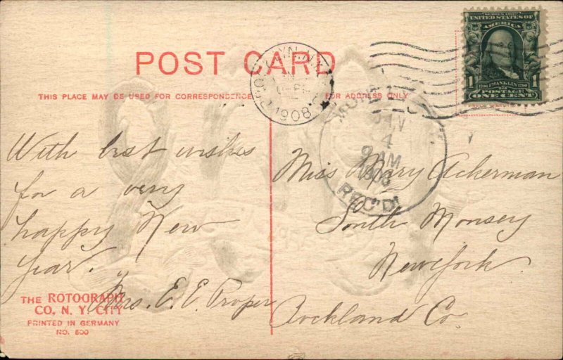 New Year 1908 Gilt Embossed Rotograph Vintage Postcard 