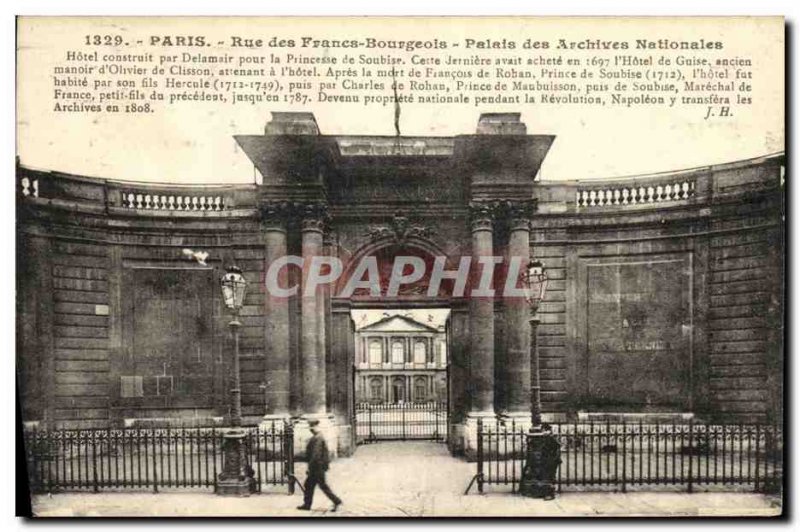 Old Postcard Paris Rue des Francs Bourgeois Palais des Archives Nationales