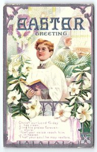 1909 EASTER GREETING CHOIRBOY CHRIST RISEN PATERSON NJ EMBOSSED POSTCARD P3300