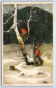 c1930's Christmas Children On Top Of Tree Winter Scene Sweden Tiny Postcard