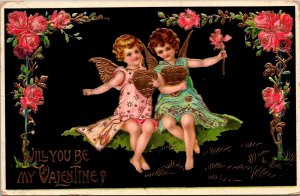 Cherub Children Hearts roses Valentine Gold Gel Postcard 1911 to Stanford Hall