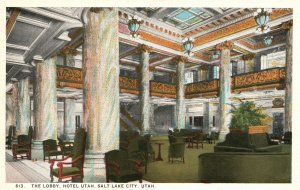 Vintage Postcard 1920s The Lobby Hotel Building Salt Lake City Utah UT Structure