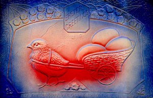 Greeting - Easter. (chick with cart of eggs, airbrushed, embossed)