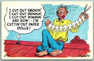 Quit Smokin' Drinkin' Wimmen Cuttin' Paper Dolls Bob Petley Comic Postcard F15