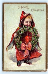 Postcard Merry Christmas a/s John De Yongh Red Cloaked Child Holly Wreath J12
