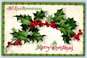 1911 Merry Christmas Holly Berries Embossed Tuck Rising Sun MD Antique Postcard