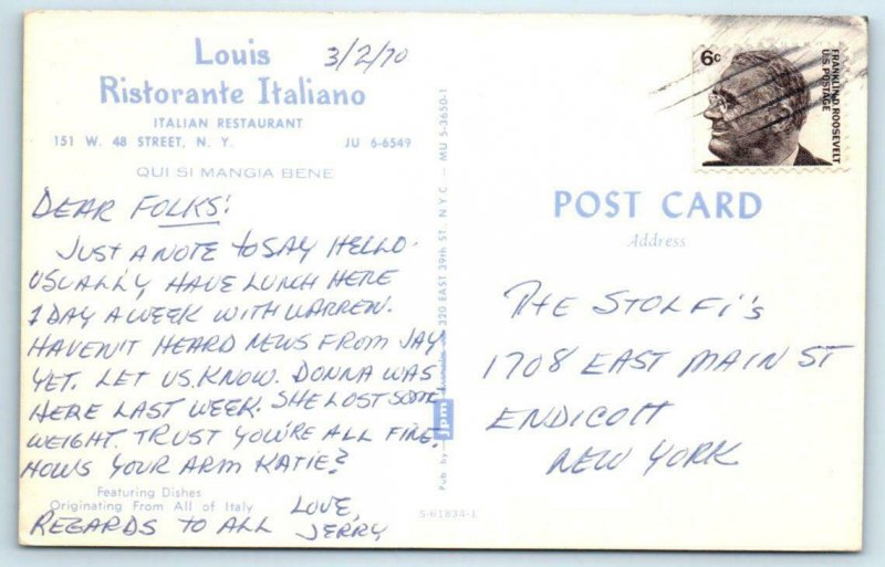 NEW YORK CITY, NY  Interior LOUIS RISTORANTE ITALIANO Bar 1970  Postcard