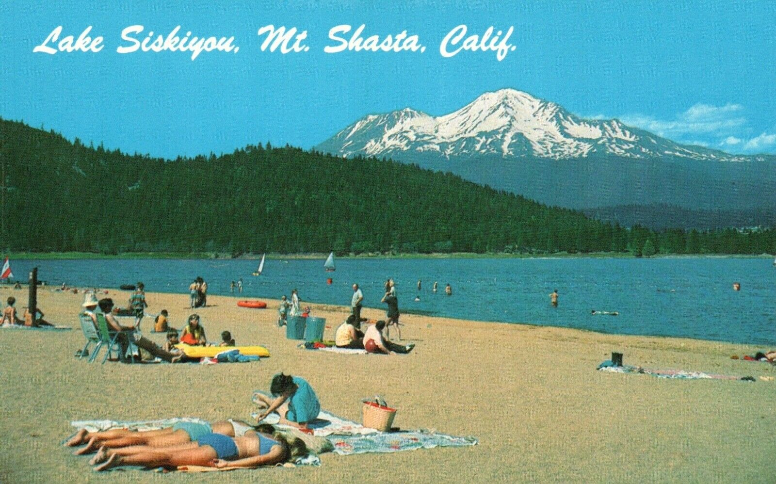 Mt. Shasta, CA, Lake Siskiyou, Beach Scene, Chrome Vintage Postcard