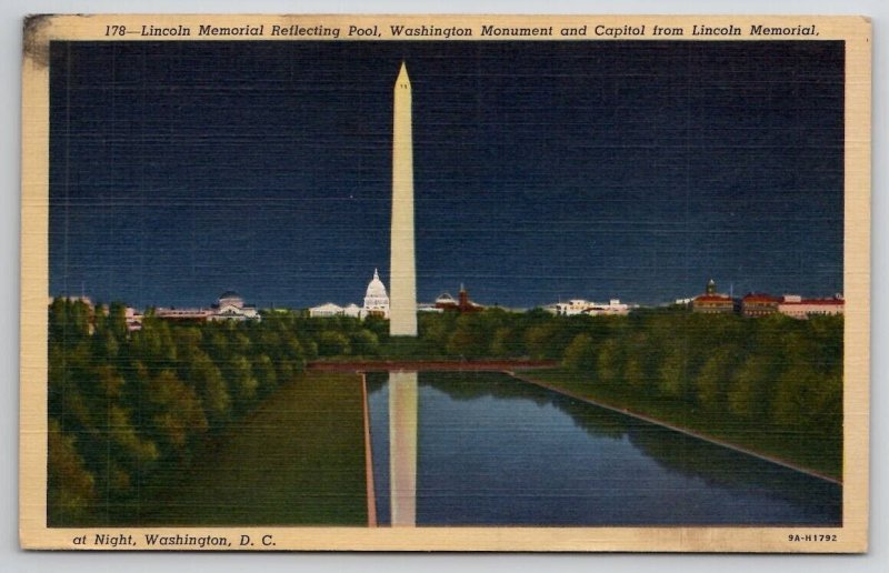Lincoln Memorial Reflecting Pool Washington Monument At Night Postcard N21