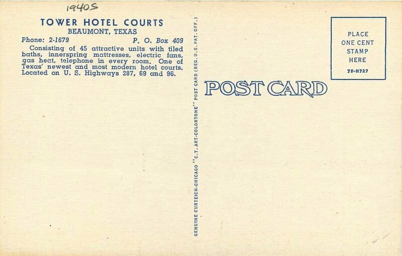 Beaumont Texas Tower Hotel Courts roadside linen Teich Postcard 21-803