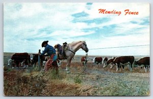 Postcard, Cowboy Mending Fence in Western Kansas, Cattle nearby