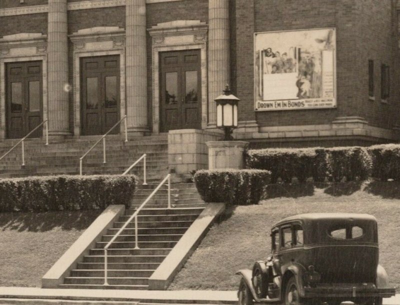 Waupun Wisconsin~City Hall~WWII Sign Drown 'Em In War Bonds~1920-30s Car~RPPC