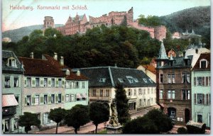 VINTAGE POSTCARD VIEW OF THE GRAIN MARKET AND THE CASTLE AT HEIDELBERG c. 1910