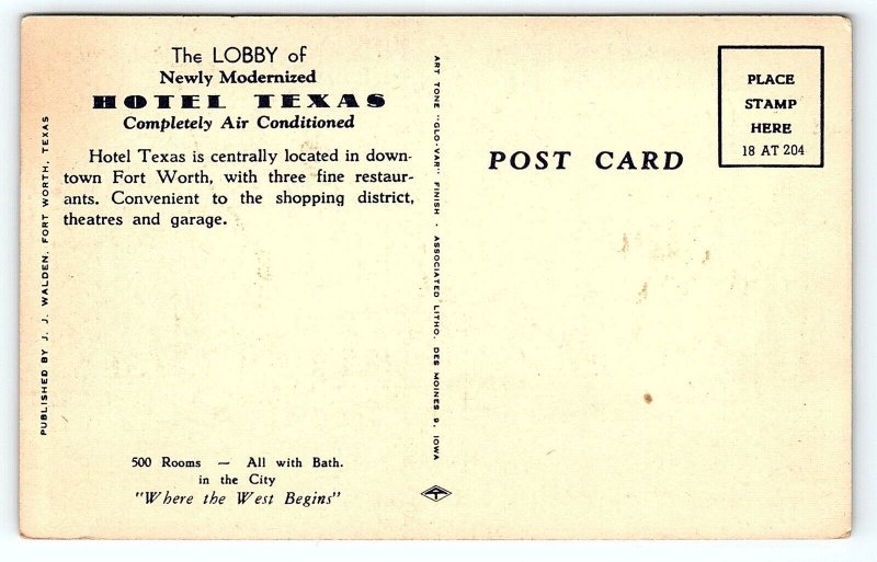 1930s FORT WORTH TX HOTEL TEXAS LOBBY ART DECO ADVERTISING POSTCARD P1464