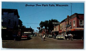 Greetings From Park Falls Wisconsin WI, Scullys Store Cars Street View, Postcard 