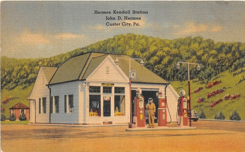 J5/ Custer City Pennsylvania Postcard Linen Hermes Kendall Gas Station  43