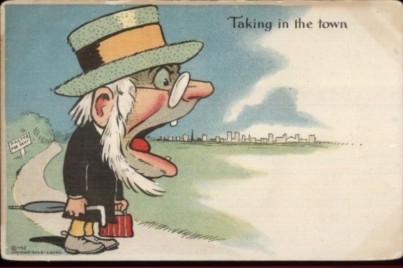 Old Man Wide Open Mouth - Town Forced Perspective E. Nash Comic Postcard rpx 