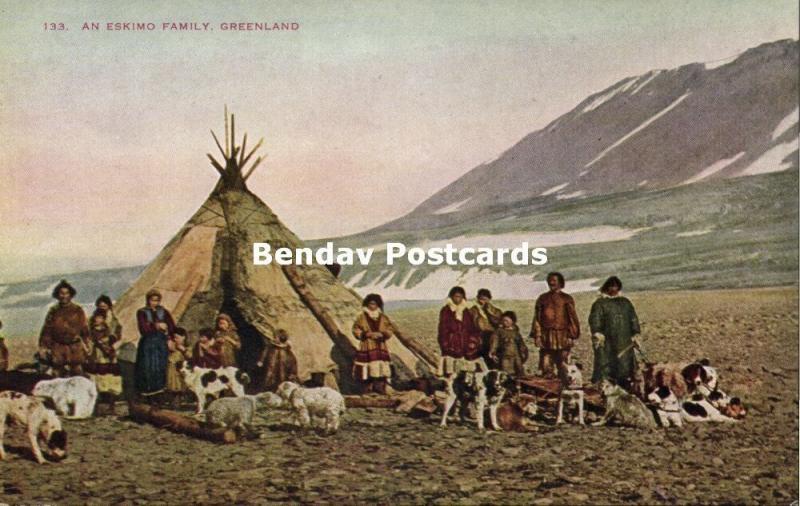 denmark, Greenland Grönland, Eskimo Family with Dogs and Tent (1930s)