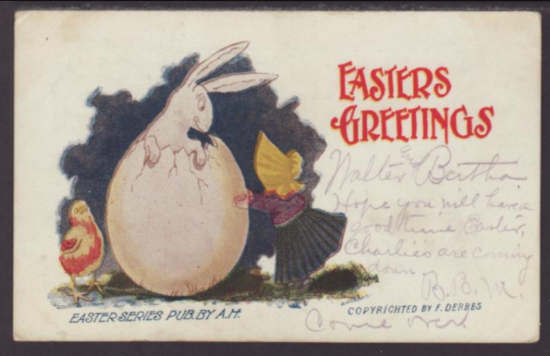 Easter Greetings,Rabbit Coming Out of Egg,Girl Postcard