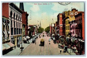 1910 Main Street Trolley Cars Flags Buildings Buffalo New York NY Postcard