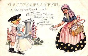 A Happy New Year Poem Woman Giving Boxes of Health, Wealth & Luck 1921 