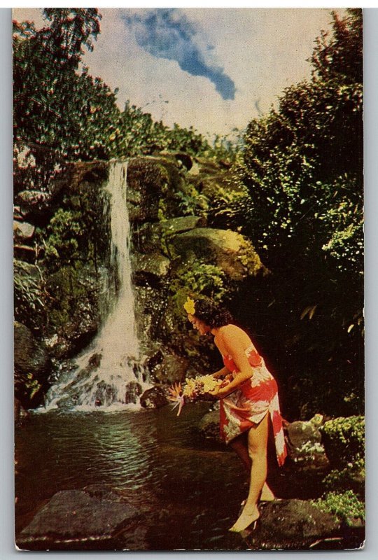 Hawaiian Waterfall Native Hawaiian Maiden With Flowers by Falls Hawaii Postcard