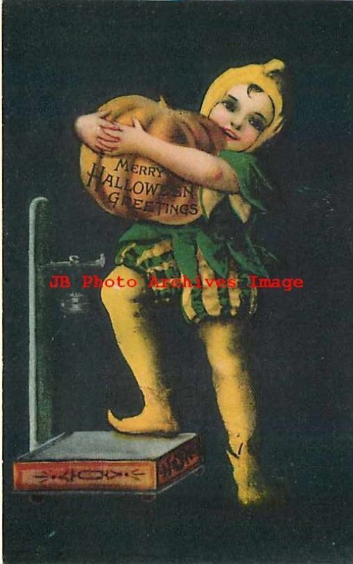 Halloween, Wolf No 1901BL-2, Boy in Jester Costume Holding Pumpkin on Scale 