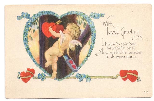 Valentine Postcard Cupid Poem Hearts Bow Arrow Forget me not Arts and Crafts Era