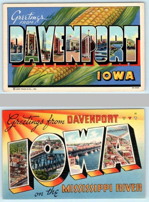 2 Large Letter Linens DAVENPORT, Iowa IA ~ Curteich, Tichnor 1940s Postcards