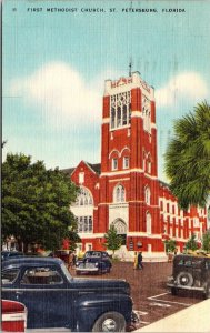 First Methodist Church St Petersburg Florida FL Linen Postcard Old Car Cancel 