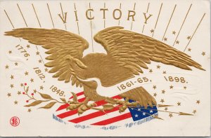 'Victory' USA Patriotic Gold Eagle Flag Wars Won America Embossed Postcard E79