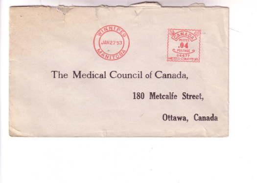 Cover Medical Council of Canada, Used Winnipeg Manitoba Meter Cancel 1953