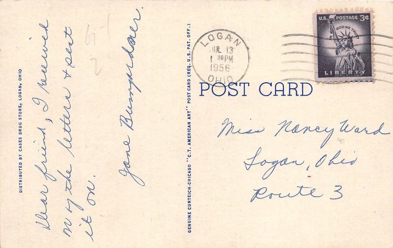 B74/ Logan Ohio Postcard 1956 Main Street Night Theatre Stores